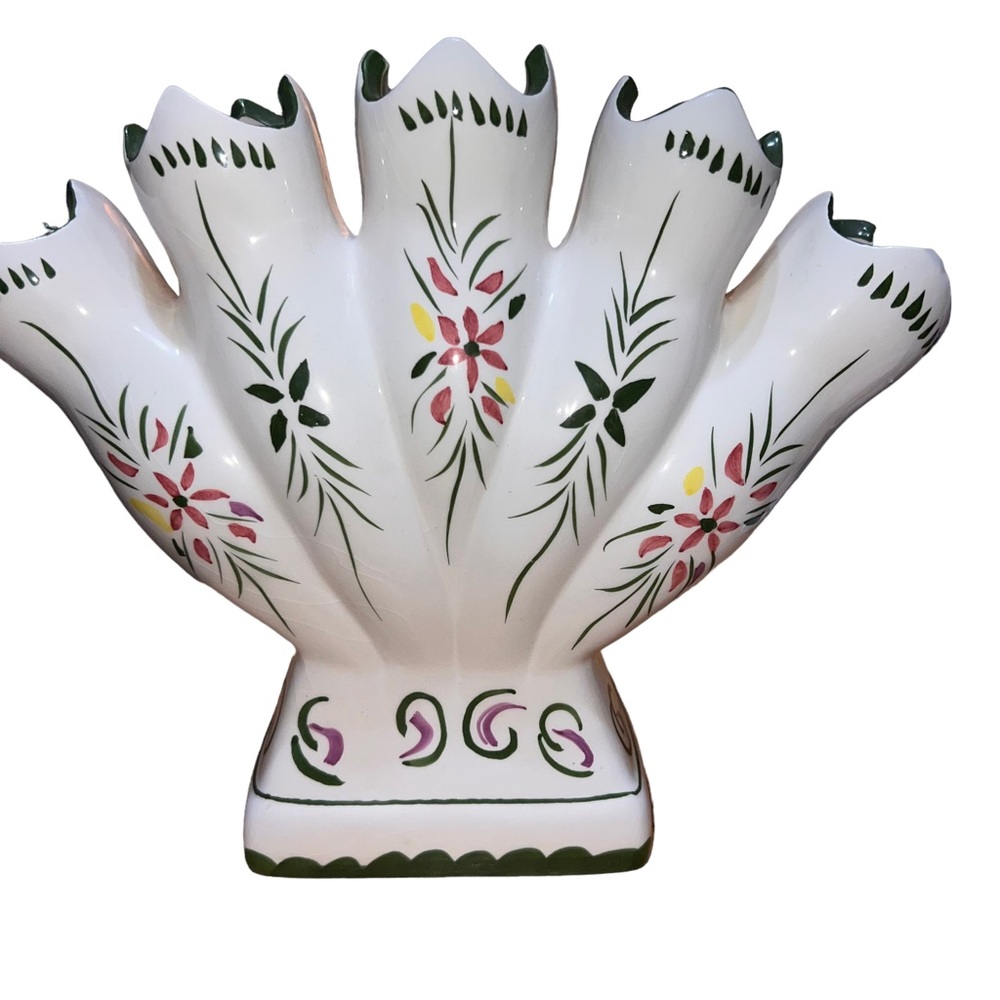 Vintage Floral 5 Fingered Bud Vase Ceramic Green White with Pink Flowers